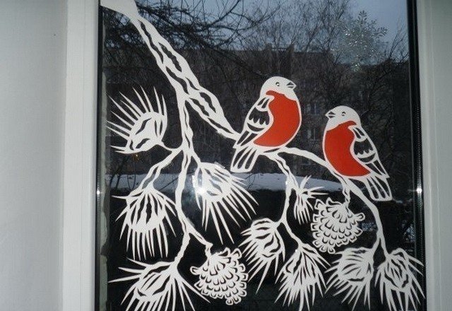 Новогодние украшения на окна птички