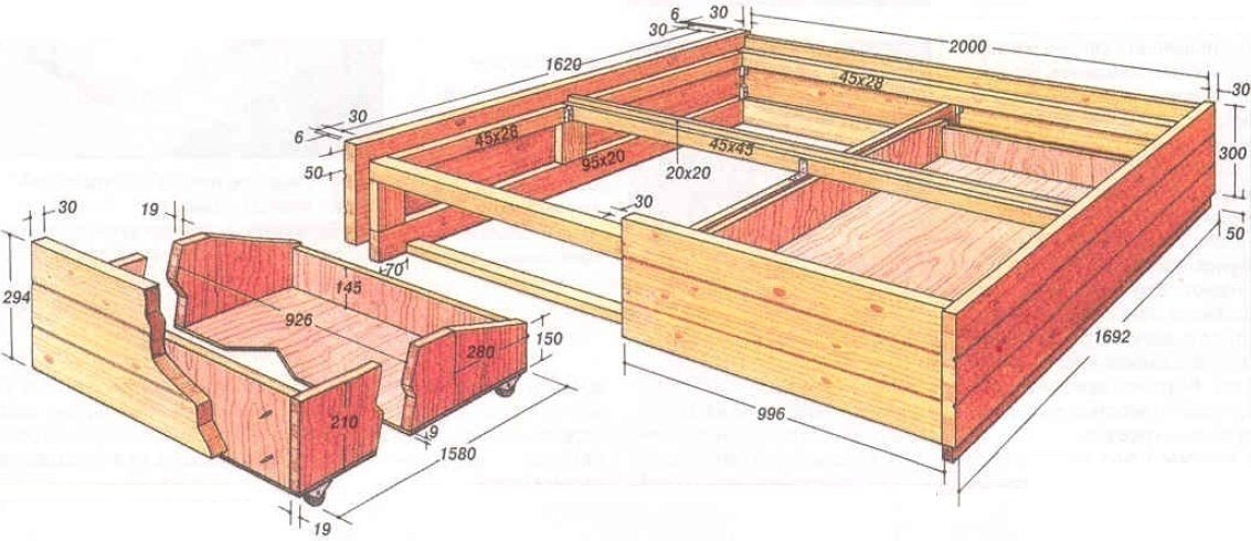 Кровать подиум с выдвижными ящиками чертеж