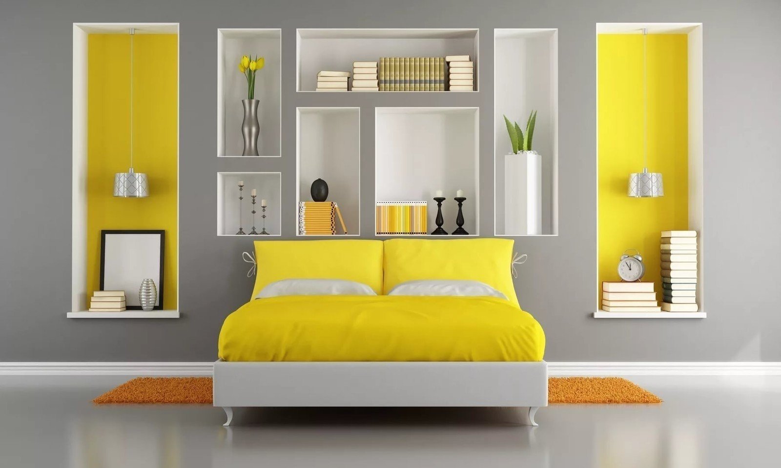 Серо-зеленый цвет желтая кровать с спальне