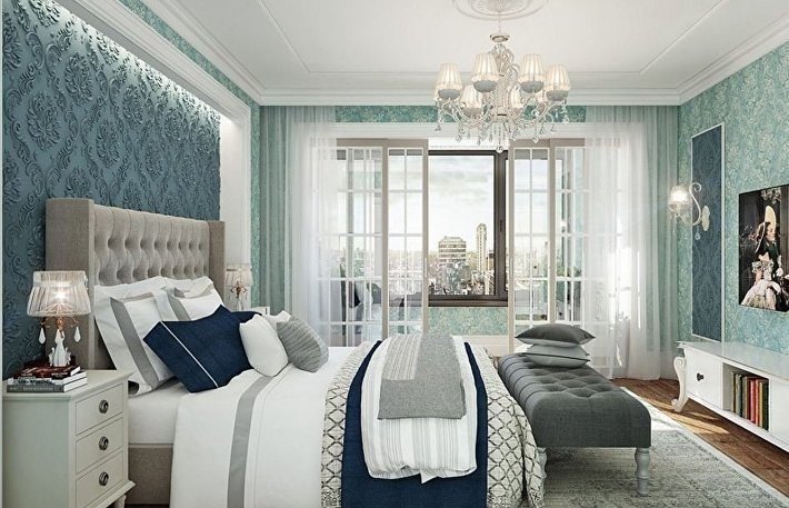 Спальня мятных оттенках в классическом стиле